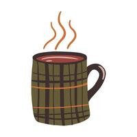 Cozy autumn vibes with a steaming mug of warm beverage in a plaid cup, flat illustration vector