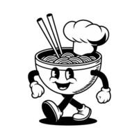 Happy noodle bowl cartoon character walks with chopsticks and a chef hat, retro style vector