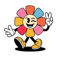 A cartoon flower with smiling face and peace sign on its head. Character happy walking, image vector