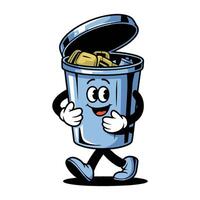 cartoon character happily walks with a blue trash can filled with various colorful items vector