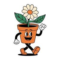 cartoon character is walking in a pot with a flower. The character is smiling and he is happy vector