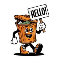 A playful retro character designed as a walking trash bin carries a sign saying Hello vector