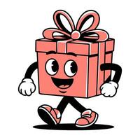 Retro character of cheerful gift box walking with arms and legs, embodying playful and whimsical essence vector