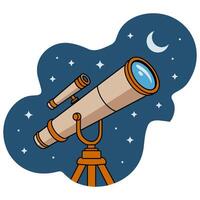 illustration of a telescope under a starry sky with a crescent moon at night vector