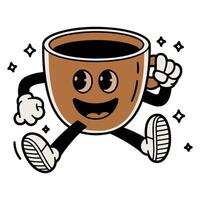 Energetic cartoon coffee cup character with arms and legs, happily running with a joyful expression vector