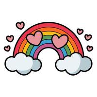 Colorful flat illustration of a rainbow with hearts and clouds in a playful doodle style vector