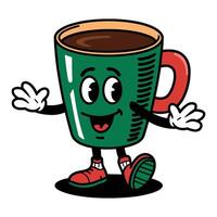 Retro cartoon character of cheerful coffee mug with arms and legs, fun design in flat style vector