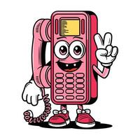 Retro character that resembles a cheerful phone with arms making a peace sign, bright colors cartoon style vector