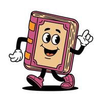 Cartoon happy book character walking with cheerful expression, groovy illustration vector
