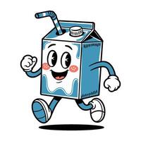 Retro cartoon character of a milk carton running happily with a straw, playful and fun design vector