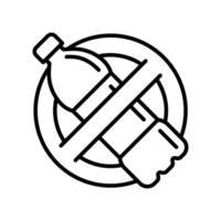 Linear icon featuring prohibition sign over plastic bottle. Minimalist outline style, symbolizing environmental protection, waste reduction and banning single use plastics. Eco conscious design vector
