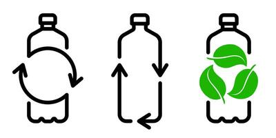 Recycled plastic bottle with leaves and arrows form recycling process symbol. Environmental conservation, waste reduction and reusable package icon set. Clean ecology focus on nature and water logo vector