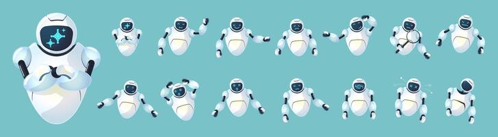 Set of AI robot mascot characters. Cute futuristic chatbot with various emotions. Friendly funny digital assistants for tech automation and communication. Modern smart robotic isolated concept vector