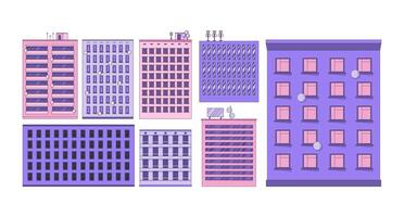 Highrise buildings in variety of architectural styles with antennas 2D cartoon objects set. Downtown office apartments isolated elements flat clip arts on white. Spot illustrations collection vector