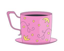 Elegant vintage pink teacup with floral patterns 2D cartoon object. Tea cup with intricate decorations placed on saucer isolated element flat clip art on white. Spot illustration vector