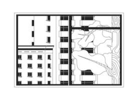 Cityscape view through window 2D line object. Residential neighborhood. Urban city with modern buildings and tree windowpane isolated clipart ink outline item. Monochrome spot illustration vector