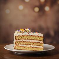 Delicious Layered Cake Slice with Sprinkles Frosting photo