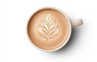 Creamy Coffee with Beautiful Latte Art in White Mug on Table photo