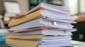 Organized Stack of Multicolored Paper Files on Office Desk photo