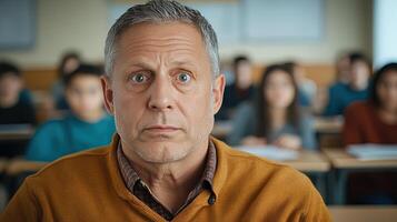 Concerned Teacher Observing Students in Classroom Environment photo