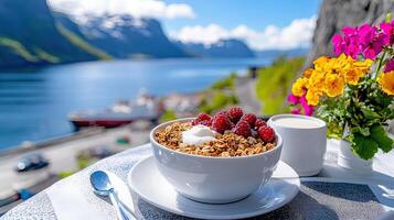 Fresh Breakfast Bowl with Berries by the Scenic Water View photo