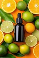 Fresh Citrus Arrangement with Essential Oil Bottle on Vibrant Background photo