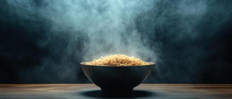 Warm and Inviting Bowl of Ramen on a Wooden Table with Dark Background and Thick Steam photo