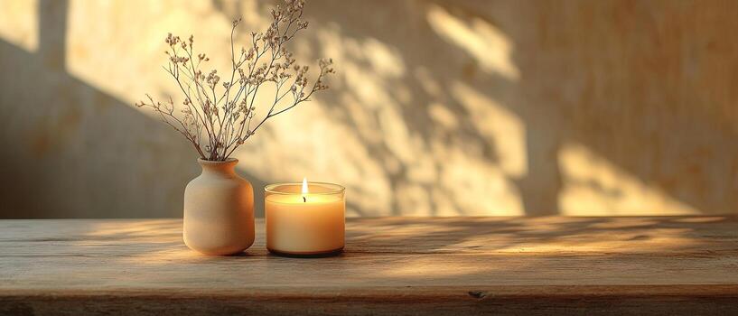 Warm and Serene Atmosphere with a Glowing Candle and Elegant Dried Flowers on a Rustic Wooden Table photo