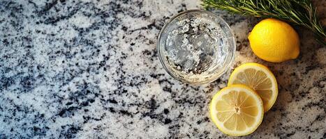 Flat Lay of Sparkling Water with Lemon and Rosemary on Granite Countertop with Space for Text photo