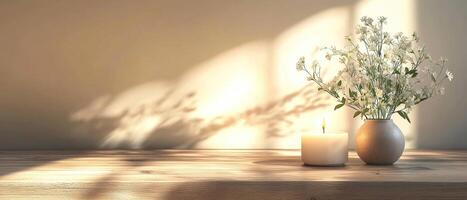 Cozy Natural Interior with a Wooden Table a Flickering Candle and a Simple Vase with Wild White Blossoms photo