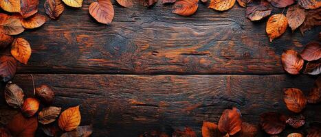 Rustic Wood Surface with Vibrant Autumn Leaves photo