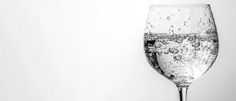 Close up of a wine glass filled with sparkling water and bubbles on a clean white background photo