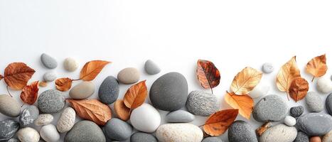 River Stones and Dried Leaves on a Clean Surface with Copy Space photo