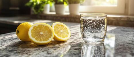 Refreshing Lemon Sparkling Water on Granite Countertop with Sunlight Reflection photo