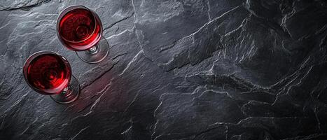 Top View of Two Glasses of Red Wine on Black Textured Stone Surface photo