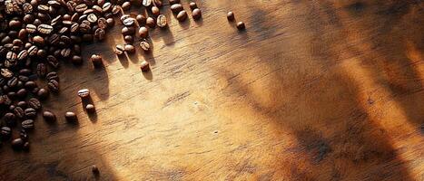 Freshly Roasted Coffee Beans Spread Across a Rustic Wooden Table with Copy Space photo
