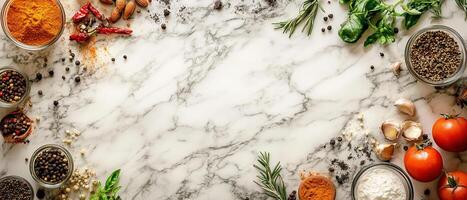Minimalist Food Preparation Scene with Organic Ingredients Arranged on a Light Stone Countertop photo