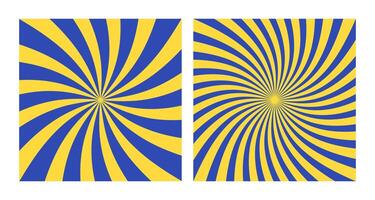 Set of Two Abstract Blue Spiral Patterns on Yellow Background. Square Posters with Blue and Yellow Groovy Hypnotic Swirls, Retro Inspired Grunge Sun Bursts vector
