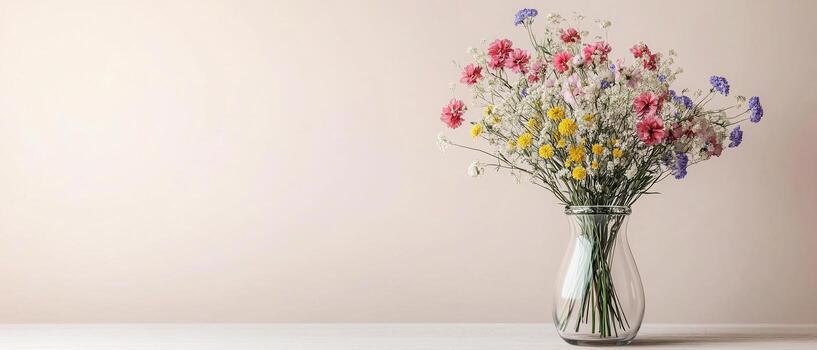 Wildflower Bouquet in a Glass Vase Against a Soft Neutral Background with Copy Space photo
