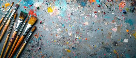 Top View of Various Paintbrushes Arranged on a Grunge Textured Surface with Copy Space photo