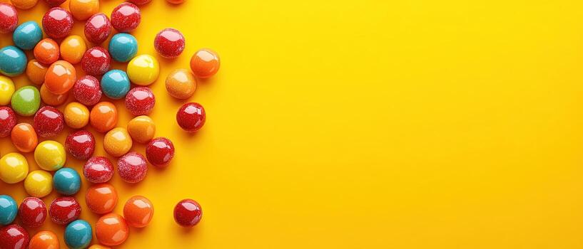 Top View of Vibrant Colorful Candy Balls on a Bright Yellow Background with Copy Space photo