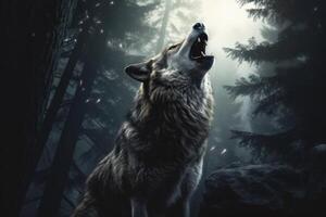 A wolf is standing in a forest and is howling photo