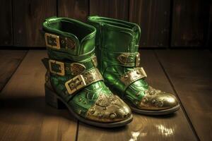 A pair of green boots with gold buckles photo