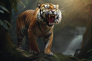 A tiger is standing on a rock in a jungle photo