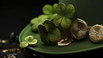 A green hat with four clovers photo