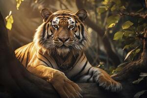A tiger is laying on a tree branch photo