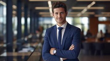 A man in a suit and tie is standing in front of a glass wall photo