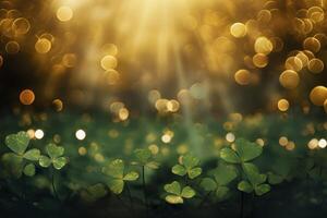 A field of green clovers with a bright sun shining on them photo