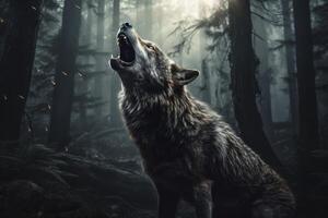 Wolf is standing in a forest and is howling photo