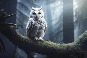 White owl is perched on a tree branch photo
